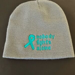 Brand New Women's Knit Ovarian Cancer Hat with Teal Embroidery-One Size